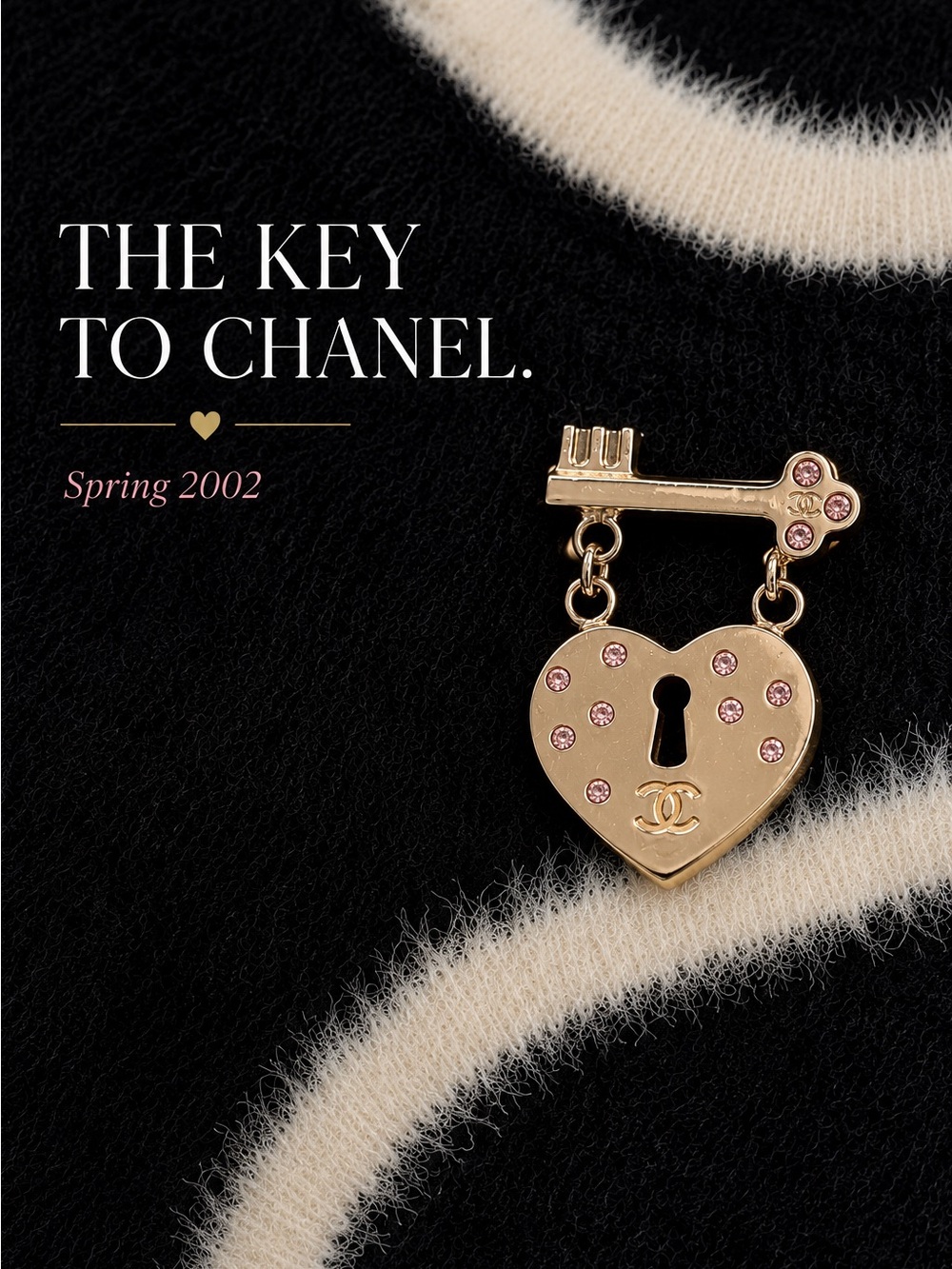 Authentic Chanel Brooch Coco Mark Heart Key - Pink- 24k Gold Plated - SOLID